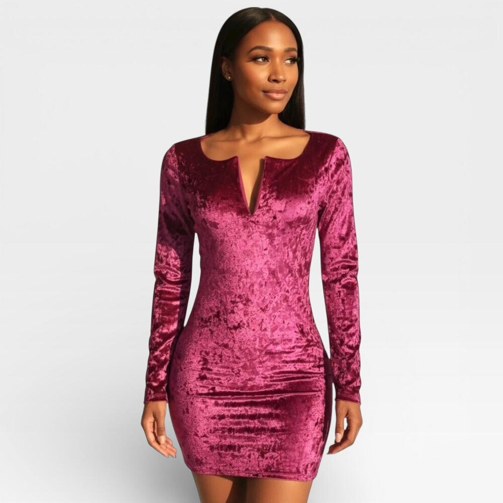 Burgundy Velvet Notch Neck Mini Dress